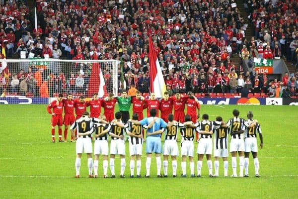 LIVERPOOL, ENGLAND - TUESDAY APRIL 5th 2005: Liverpool and Juventus players stand for a minute's silence to remember the 39 victims of the Heysel Stadium disaster in 1985 before the UEFA Champions League Quarter Final 1st Leg match at Anfield. (Pic by David Rawcliffe/Propaganda)