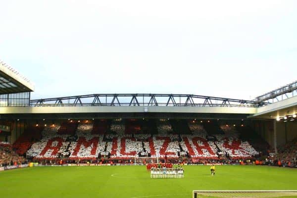 LIVERPOOL, ENGLAND - TUESDAY APRIL 5th 2005: The Liverpool fans on the Spion Kop hold a mosaic saying "Friendship" in Italian before the UEFA Champions League Quarter Final 1st Leg match between Liverpool and Juventus at Anfield. (Pic by David Rawcliffe/Propaganda)