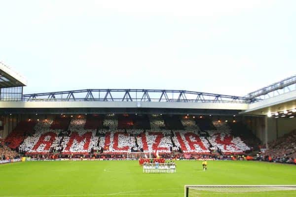 LIVERPOOL, ENGLAND - TUESDAY APRIL 5th 2005: The Liverpool fans on the Spion Kop hold a mosaic saying "Friendship" in Italian before the UEFA Champions League Quarter Final 1st Leg match between Liverpool and Juventus at Anfield. (Pic by David Rawcliffe/Propaganda)