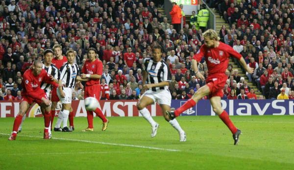 LIVERPOOL, ENGLAND - TUESDAY APRIL 5th 2005: Liverpool's Sami Hyypia scores the opening goal against Juventus during the UEFA Champions League Quarter Final 1st Leg match at Anfield. (Pic by David Rawcliffe/Propaganda)