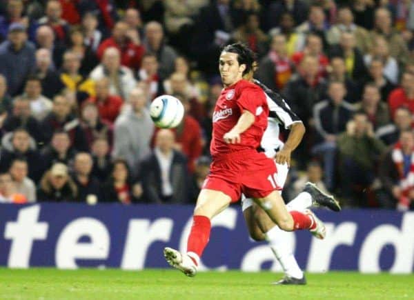 LIVERPOOL, ENGLAND - TUESDAY APRIL 5th 2005: Liverpool's Luis Garcia scores the second goal against Juventus during the UEFA Champions League Quarter Final 1st Leg match at Anfield. (Pic by David Rawcliffe/Propaganda)