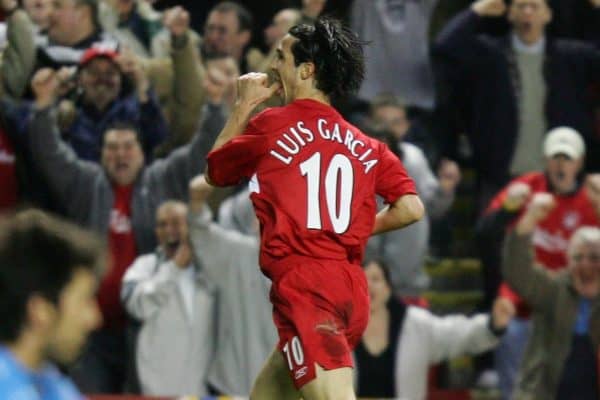 LIVERPOOL, ENGLAND - TUESDAY APRIL 5th 2005: Liverpool's Luis Garcia celebrates scoring the second goal as Juventus' goalkeeper Gianluigi Buffon sits dejected during the UEFA Champions League Quarter Final 1st Leg match at Anfield. (Pic by David Rawcliffe/Propaganda)