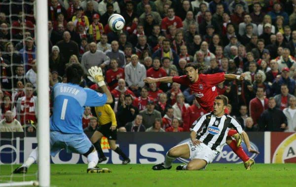 LIVERPOOL, ENGLAND - TUESDAY APRIL 5th 2005: Liverpool's Milan Baros misses a chance against Juventus' goalkeeper Gianluigi Buffon during the UEFA Champions League Quarter Final 1st Leg match at Anfield. (Pic by David Rawcliffe/Propaganda)