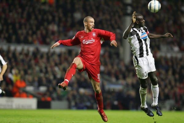 LIVERPOOL, ENGLAND - TUESDAY APRIL 5th 2005: Liverpool's Anthony Le Tallec in action against Juventus during the UEFA Champions League Quarter Final 1st Leg match at Anfield. (Pic by David Rawcliffe/Propaganda)