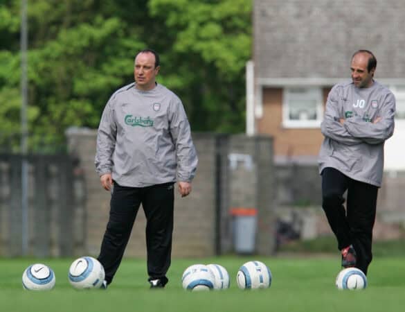 LIVERPOOL, ENGLAND. MONDAY, MAY 2nd, 2005: Liverpool's manager Rafael Benitez (L) with goalkeeping coach Jose Ochotorena training at Melwood Training Ground ahead of his side's UEFA Champions League Semi Final 2nd Leg against Chelsea. (Pic by David Rawcliffe/Propaganda)