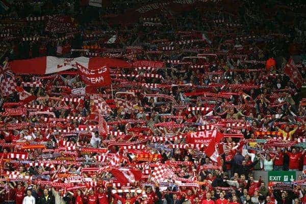 LIVERPOOL, ENGLAND. TUESDAY, MAY 3rd, 2005: Liverpool supporters on the Spion Kop sing "You'll never walk alone" before before the UEFA Champions League Semi Final 2nd Leg against Chelsea at Anfield. (Pic by David Rawcliffe/Propaganda)