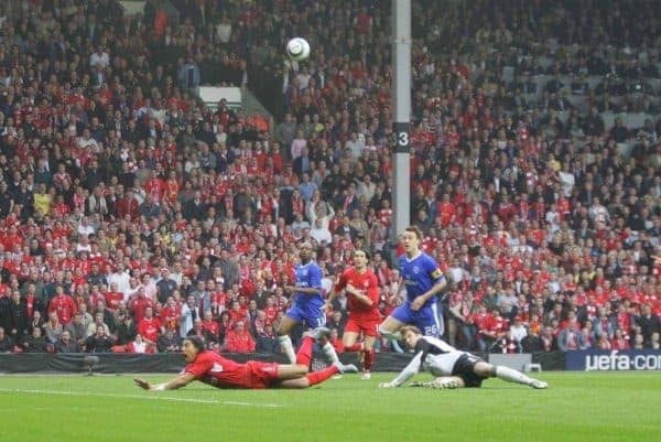 LIVERPOOL, ENGLAND. TUESDAY, MAY 3rd, 2005: Liverpool's Milan Baros clashes with Chelsea's Petr Cech during the UEFA Champions League Semi Final 2nd Leg at Anfield. (Pic by David Rawcliffe/Propaganda)