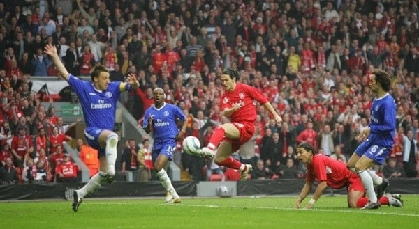 LIVERPOOL, ENGLAND. TUESDAY, MAY 3rd, 2005: Liverpool's Luis Garcia scores the opening goal against Chelsea during the UEFA Champions League Semi Final 2nd Leg at Anfield. (Pic by David Rawcliffe/Propaganda)