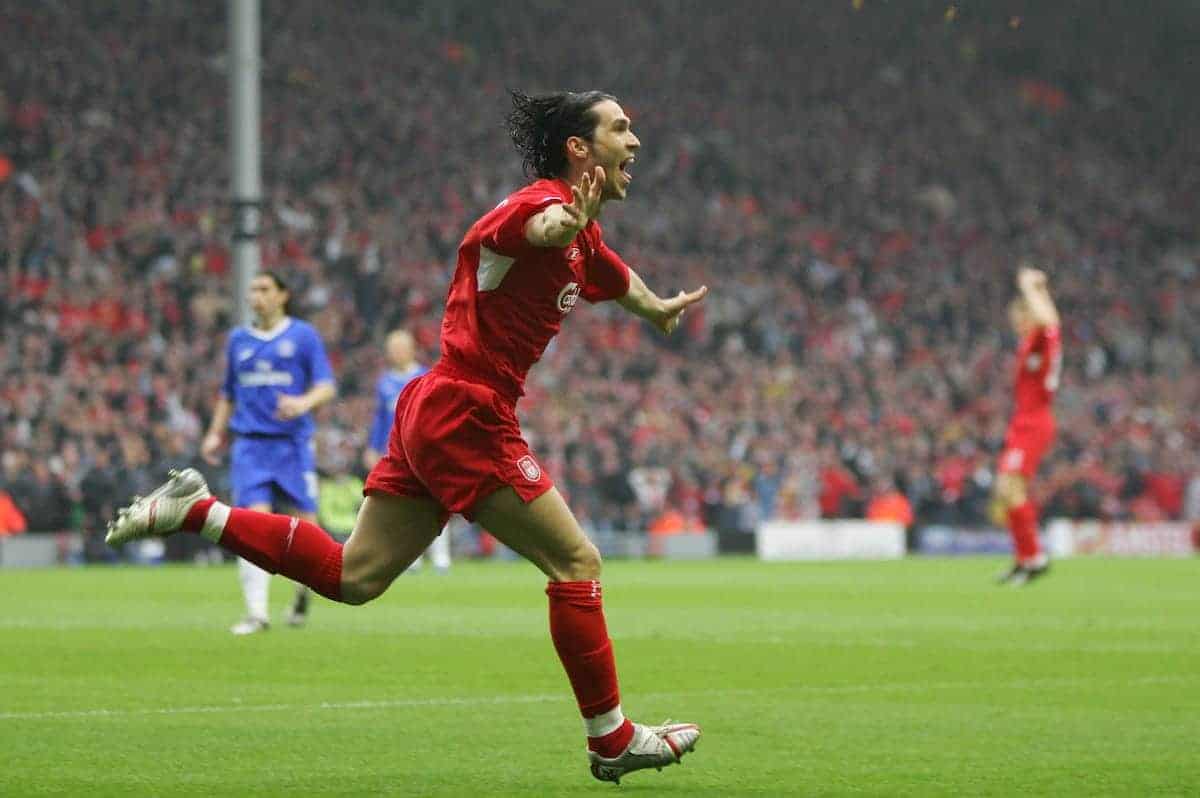 LIVERPOOL, ENGLAND. TUESDAY, MAY 3rd, 2005: Liverpool's Luis Garcia celebrates scoring the opening goal against Chelsea during the UEFA Champions League Semi Final 2nd Leg at Anfield. (Pic by David Rawcliffe/Propaganda)