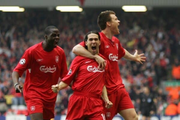 LIVERPOOL, ENGLAND. TUESDAY, MAY 3rd, 2005: Liverpool's Luis Garcia, John Arne Riise and Djimi Traore celebrate the opening goal against Chelsea during the UEFA Champions League Semi Final 2nd Leg at Anfield. (Pic by David Rawcliffe/Propaganda)