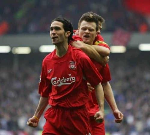 LIVERPOOL, ENGLAND. TUESDAY, MAY 3rd, 2005: Liverpool's Luis Garcia, John Arne Riise and Steven Gerrard celebrate the opening goal against Chelsea during the UEFA Champions League Semi Final 2nd Leg at Anfield. (Pic by David Rawcliffe/Propaganda)