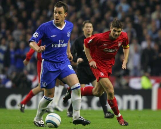 LIVERPOOL, ENGLAND. TUESDAY, MAY 3rd, 2005: Liverpool's Steven Gerrard and Chelsea's John Terry during the UEFA Champions League Semi Final 2nd Leg at Anfield. (Pic by David Rawcliffe/Propaganda)