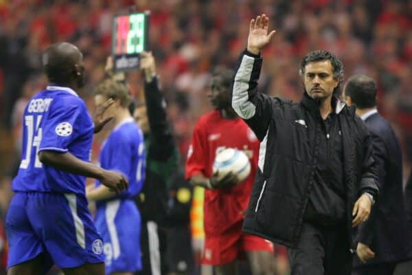 LIVERPOOL, ENGLAND. TUESDAY, MAY 3rd, 2005: Chelsea's manager Jose Mourinho during the UEFA Champions League Semi Final 2nd Leg at Anfield. (Pic by David Rawcliffe/Propaganda)