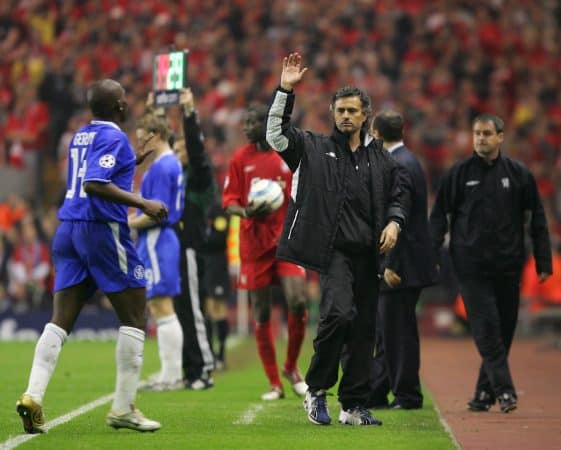 LIVERPOOL, ENGLAND. TUESDAY, MAY 3rd, 2005: Chelsea's manager Jose Mourinho during the UEFA Champions League Semi Final 2nd Leg at Anfield. (Pic by David Rawcliffe/Propaganda)