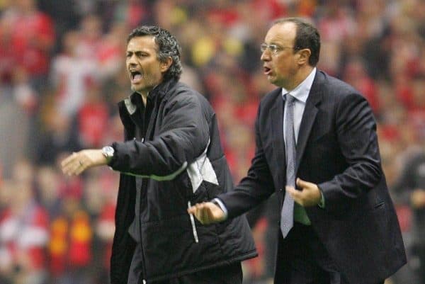 LIVERPOOL, ENGLAND. TUESDAY, MAY 3rd, 2005: Liverpool's manager Rafael Benitez and Chelsea's manager Jose Mourinho during the UEFA Champions League Semi Final 2nd Leg at Anfield. (Pic by David Rawcliffe/Propaganda)