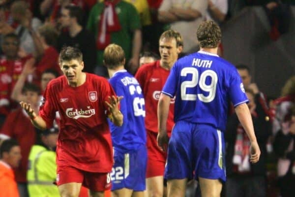 LIVERPOOL, ENGLAND. TUESDAY, MAY 3rd, 2005: Liverpool's Steven Gerrard urges his side to hang on against Chelsea during the UEFA Champions League Semi Final 2nd Leg at Anfield. (Pic by David Rawcliffe/Propaganda)
