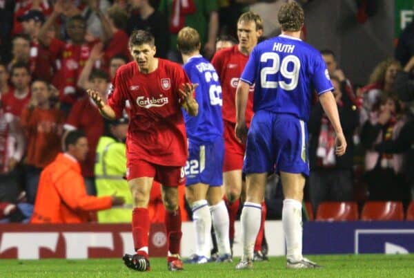 LIVERPOOL, ENGLAND. TUESDAY, MAY 3rd, 2005: Liverpool's Steven Gerrard urges his side to hang on against Chelsea during the UEFA Champions League Semi Final 2nd Leg at Anfield. (Pic by David Rawcliffe/Propaganda)