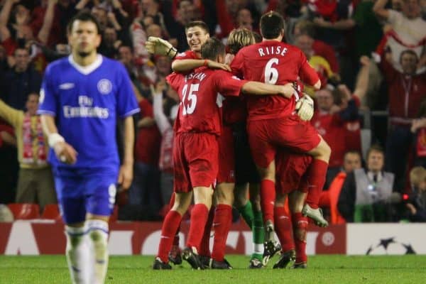 LIVERPOOL, ENGLAND. TUESDAY, MAY 3rd, 2005: Liverpool players celebrate victory 1-0 over Chelsea during the UEFA Champions League Semi Final 2nd Leg at Anfield. (Pic by David Rawcliffe/Propaganda)