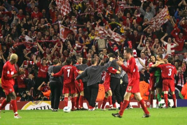LIVERPOOL, ENGLAND. TUESDAY, MAY 3rd, 2005: Liverpool players celebrate victory 1-0 over Chelsea during the UEFA Champions League Semi Final 2nd Leg at Anfield. (Pic by David Rawcliffe/Propaganda)