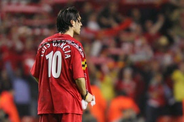 LIVERPOOL, ENGLAND. TUESDAY, MAY 3rd, 2005: Liverpool's Luis Garcia celebrates the great victory 1-0 over Chelsea during the UEFA Champions League Semi Final 2nd Leg at Anfield. (Pic by David Rawcliffe/Propaganda)