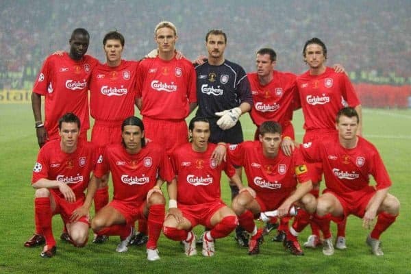 ISTANBUL, TURKEY - WEDNESDAY, MAY 25th, 2005: Liverpool's team lines up before the the UEFA Champions League Final against AC Milan at the Ataturk Olympic Stadium, Istanbul. (Pic by David Rawcliffe/Propaganda)..Back row L-R: Djimi Traore, Xabi Alonso, Sami Hyypia, Jerzy Dudek, Jamie Carragher, Harry Kewell. Front row L-R: Steve Finnan, Milan Baros, Luis Garcia, Steven Gerrard, John Arne Riise.