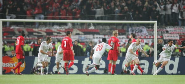 ISTANBUL, TURKEY - WEDNESDAY, MAY 25th, 2005: AC Milan's players celebrate scoring the opening goal against Liverpool scored by Paolo Maldini (R) during the UEFA Champions League Final at the Ataturk Olympic Stadium, Istanbul. (Pic by David Rawcliffe/Propaganda)