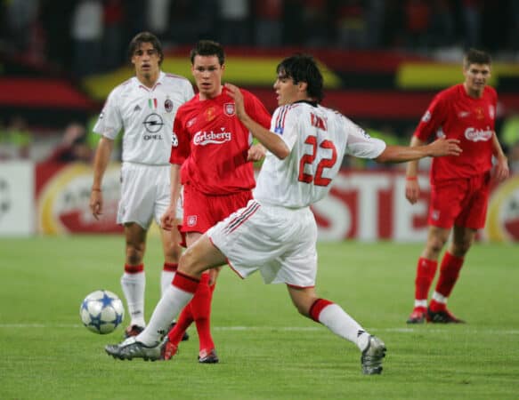 ISTANBUL, TURKEY - WEDNESDAY, MAY 25th, 2005: Liverpool's Steve Finnan and AC Milan's Kaka during the UEFA Champions League Final at the Ataturk Olympic Stadium, Istanbul. (Pic by David Rawcliffe/Propaganda)