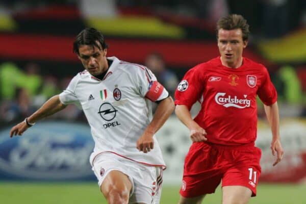 ISTANBUL, TURKEY - WEDNESDAY, MAY 25th, 2005: Liverpool's Vladimir Smicer and AC Milan's Paulo Maldini during the UEFA Champions League Final at the Ataturk Olympic Stadium, Istanbul. (Pic by David Rawcliffe/Propaganda)