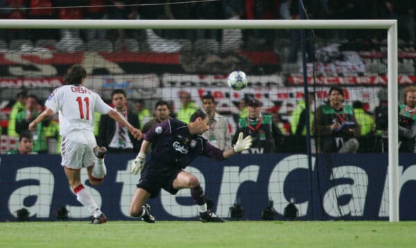 ISTANBUL, TURKEY - WEDNESDAY, MAY 25th, 2005: Liverpool's Jerzy Dudek is beaten by AC Milan's Hernan Crespo for the third goal during the UEFA Champions League Final at the Ataturk Olympic Stadium, Istanbul. (Pic by David Rawcliffe/Propaganda)