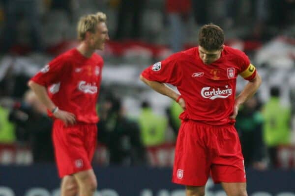 ISTANBUL, TURKEY - WEDNESDAY, MAY 25th, 2005: Liverpool's Steven Gerrard looks dejected as AC Milan score the third goal during the UEFA Champions League Final at the Ataturk Olympic Stadium, Istanbul. (Pic by David Rawcliffe/Propaganda)