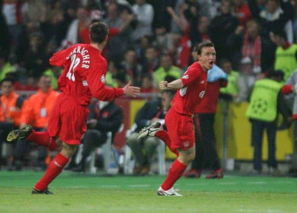 ISTANBUL, TURKEY - WEDNESDAY, MAY 25th, 2005: Liverpool's Vladimir Smicer celebrates scoring the second goal against AC Milan with his team mate Jamie Carragher during the UEFA Champions League Final at the Ataturk Olympic Stadium, Istanbul. (Pic by David Rawcliffe/Propaganda)