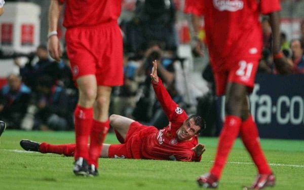 ISTANBUL, TURKEY - WEDNESDAY, MAY 25th, 2005: Liverpool's Jamie Carragher goes down with crap against AC Milan during the UEFA Champions League Final at the Ataturk Olympic Stadium, Istanbul. (Pic by David Rawcliffe/Propaganda)