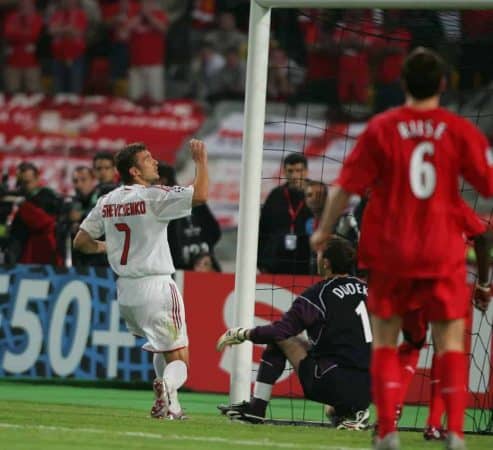 ISTANBUL, TURKEY - WEDNESDAY, MAY 25th, 2005: AC Milan's Andriy Shevchenko sees his shot saved by Liverpool goalkeeper Jerzy Dudek during the UEFA Champions League Final at the Ataturk Olympic Stadium, Istanbul. (Pic by David Rawcliffe/Propaganda)