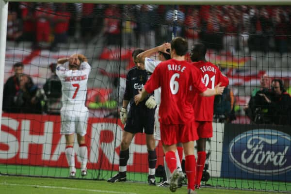 ISTANBUL, TURKEY - WEDNESDAY, MAY 25th, 2005: AC Milan's Andriy Shevchenko holds his head in his hands as his shot is saved by Liverpool goalkeeper Jerzy Dudek during the UEFA Champions League Final at the Ataturk Olympic Stadium, Istanbul. (Pic by David Rawcliffe/Propaganda)