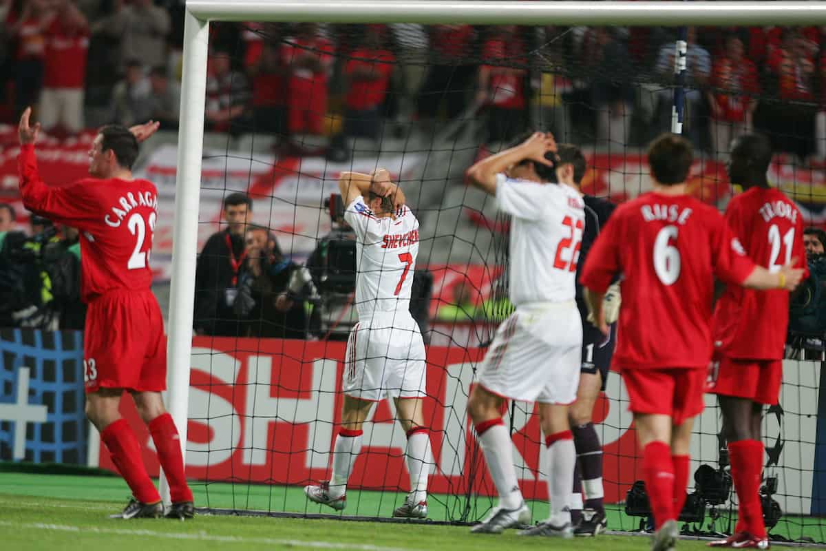 ISTANBUL, TURKEY - WEDNESDAY, MAY 25th, 2005: AC Milan's Andriy Shevchenko holds his head in his hands as his shot is saved by Liverpool goalkeeper Jerzy Dudek during the UEFA Champions League Final at the Ataturk Olympic Stadium, Istanbul. (Pic by David Rawcliffe/Propaganda)