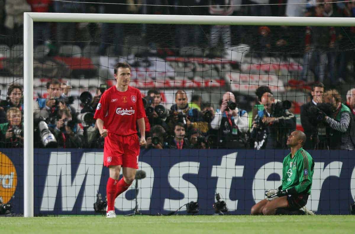 ISTANBUL, TURKEY - WEDNESDAY, MAY 25th, 2005: Liverpool's Vladimir Smicer celebrates scoring the fourth penalty against AC Milan as Dida looks dejected during the UEFA Champions League Final at the Ataturk Olympic Stadium, Istanbul. (Pic by David Rawcliffe/Propaganda)