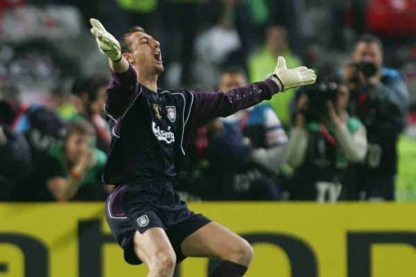 ISTANBUL, TURKEY - WEDNESDAY, MAY 25th, 2005: Liverpool's Jerzy Dudek celebrates saving the last penalty to win the European Cup against AC Milan during the UEFA Champions League Final at the Ataturk Olympic Stadium, Istanbul. (Pic by David Rawcliffe/Propaganda)