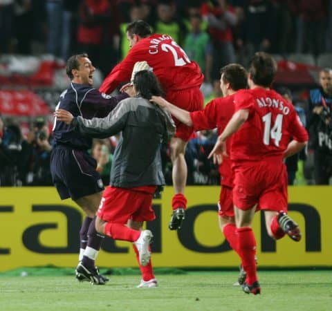 ISTANBUL, TURKEY - WEDNESDAY, MAY 25th, 2005: Liverpool's Jerzy Dudek celebrates saving the last penalty to win the European Cup against AC Milan during the UEFA Champions League Final at the Ataturk Olympic Stadium, Istanbul. (Pic by David Rawcliffe/Propaganda)