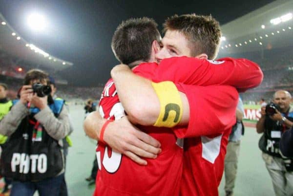 ISTANBUL, TURKEY - WEDNESDAY, MAY 25th, 2005: Liverpool's Steven Gerrard celebrates with Jamie Carragher after beating AC Milan on penalties during the UEFA Champions League Final at the Ataturk Olympic Stadium, Istanbul. (Pic by David Rawcliffe/Propaganda)