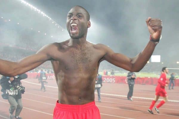 ISTANBUL, TURKEY - WEDNESDAY, MAY 25th, 2005: Liverpool's Djimi Traore celebrates after beating AC Milan on penalties during the UEFA Champions League Final at the Ataturk Olympic Stadium, Istanbul. (Pic by David Rawcliffe/Propaganda)