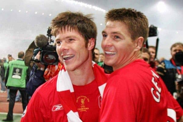 ISTANBUL, TURKEY - WEDNESDAY, MAY 25th, 2005: Liverpool's Steven Gerrard celebrates with Xabi Alonso after beating AC Milan on penalties during the UEFA Champions League Final at the Ataturk Olympic Stadium, Istanbul. (Pic by David Rawcliffe/Propaganda)