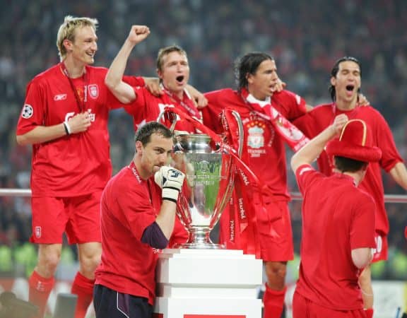 ISTANBUL, TURKEY - WEDNESDAY, MAY 25th, 2005: Liverpool's Jerzy Dudek celebrates saving the last penalty to win the European Cup against AC Milan during the UEFA Champions League Final at the Ataturk Olympic Stadium, Istanbul. (Pic by David Rawcliffe/Propaganda)