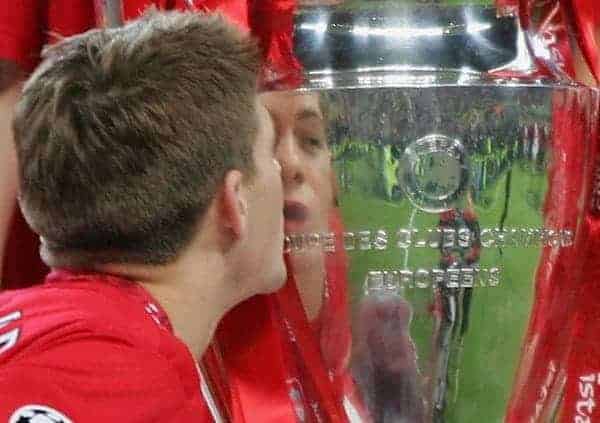 ISTANBUL, TUISTANBUL, TURKEY - WEDNESDAY, MAY 25th, 2005: Liverpool Steven Gerrard kisses the European Cup after beating AC Milan on penalties during the UEFA Champions League Final at the Ataturk Olympic Stadium, Istanbul. (Pic by David Rawcliffe/Propaganda)