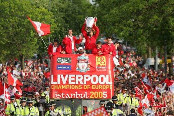 LIVERPOOL, ENGLAND - THURSDAY, MAY 26th, 2005: Liverpool's Czech players Vladimir Smicer (L) and Milan Baros (R)parade the European Champions Cup on on open-top bus tour of Liverpool in front of 500,000 fans after beating AC Milan in the UEFA Champions League Final at the Ataturk Olympic Stadium, Istanbul. (Pic by David Rawcliffe/Propaganda)