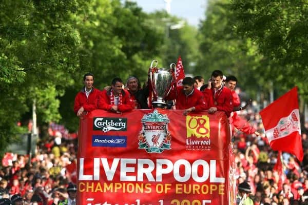 LIVERPOOL, ENGLAND - THURSDAY, MAY 26th, 2005: Liverpool's Luis Garcia, Jamie Carragher, Chairman David Moores, Steven Gerrard and John Arne Riise parade the European Champions Cup on on open-top bus tour of Liverpool in front of 500,000 fans after beating AC Milan in the UEFA Champions League Final at the Ataturk Olympic Stadium, Istanbul. (Pic by David Rawcliffe/Propaganda)