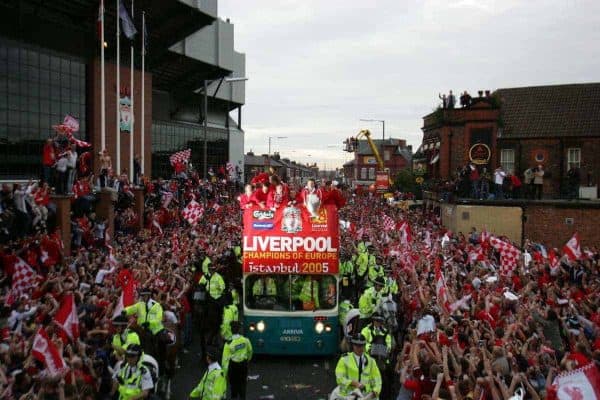 LIVERPOOL, ENGLAND - THURSDAY, MAY 26th, 2005: Liverpool players parade the European Champions Cup on on open-top bus tour of Liverpool in front of 500,000 fans after beating AC Milan in the UEFA Champions League Final at the Ataturk Olympic Stadium, Istanbul. (Pic by David Rawcliffe/Propaganda)