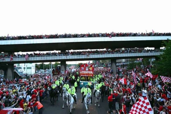 LIVERPOOL, ENGLAND - THURSDAY, MAY 26th, 2005: Liverpool players parade the European Champions Cup on on open-top bus tour of Liverpool in front of 500,000 fans after beating AC Milan in the UEFA Champions League Final at the Ataturk Olympic Stadium, Istanbul. (Pic by David Rawcliffe/Propaganda)