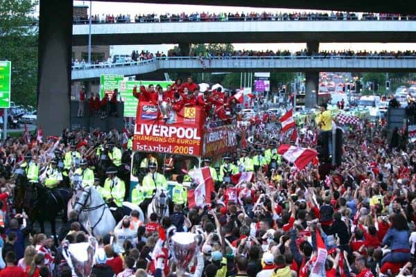 LIVERPOOL, ENGLAND - THURSDAY, MAY 26th, 2005: Liverpool players parade the European Champions Cup on on open-top bus tour of Liverpool in front of 500,000 fans after beating AC Milan in the UEFA Champions League Final at the Ataturk Olympic Stadium, Istanbul. (Pic by David Rawcliffe/Propaganda)