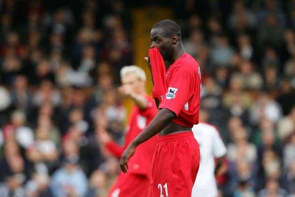 LONDON, ENGLAND - SATURDAY, OCTOBER 22nd, 2005: Liverpool's Djimi Traore against Fulham during the Premiership match at Craven Cottage. (Pic by David Rawcliffe/Propaganda)