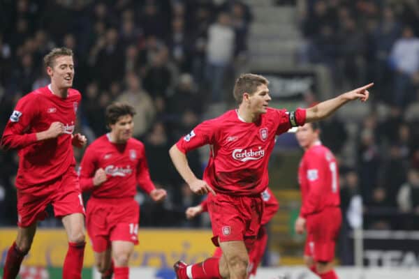 BOLTON, ENGLAND - MONDAY, JANUARY 2nd, 2006: Liverpool's Steven Gerrard celebrates scoring the equalising goal from the penalty spot during the Premiership match against Bolton Wanderers at the Reebok Stadium. (Pic by David Rawcliffe/Propaganda)